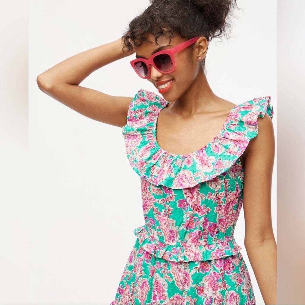 J.Crew Floral Tiered Poplin Midi Dress Women’s 4 Pink Green Floral Flowy - Picture 2 of 11